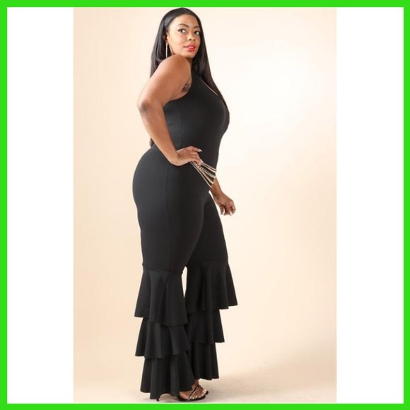 NWT Plus Size Belted Ruffled Ankle Jumpsuit Black - Picture 4 of 5